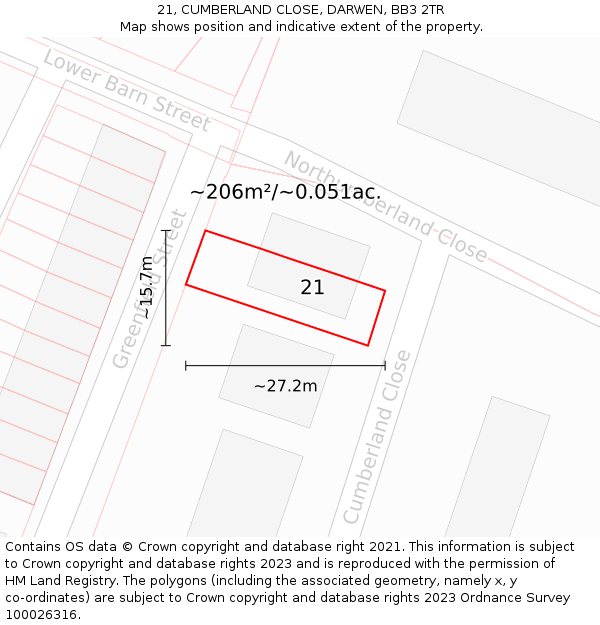 21, CUMBERLAND CLOSE, DARWEN, BB3 2TR: Plot and title map