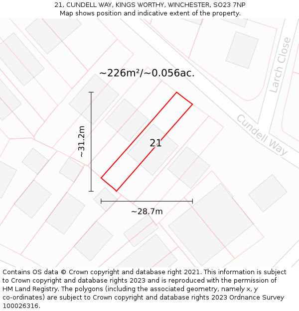 21, CUNDELL WAY, KINGS WORTHY, WINCHESTER, SO23 7NP: Plot and title map
