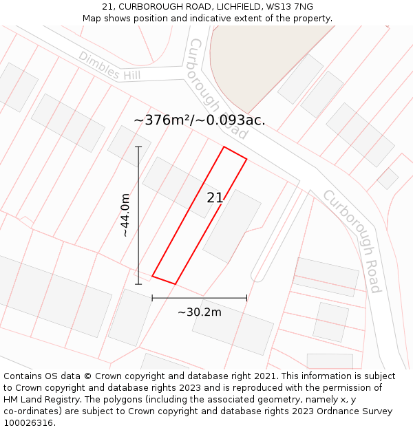 21, CURBOROUGH ROAD, LICHFIELD, WS13 7NG: Plot and title map