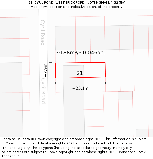 21, CYRIL ROAD, WEST BRIDGFORD, NOTTINGHAM, NG2 5JW: Plot and title map