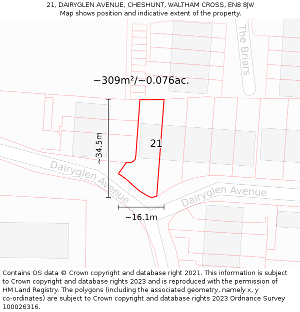 21, DAIRYGLEN AVENUE, CHESHUNT, WALTHAM CROSS, EN8 8JW: Plot and title map