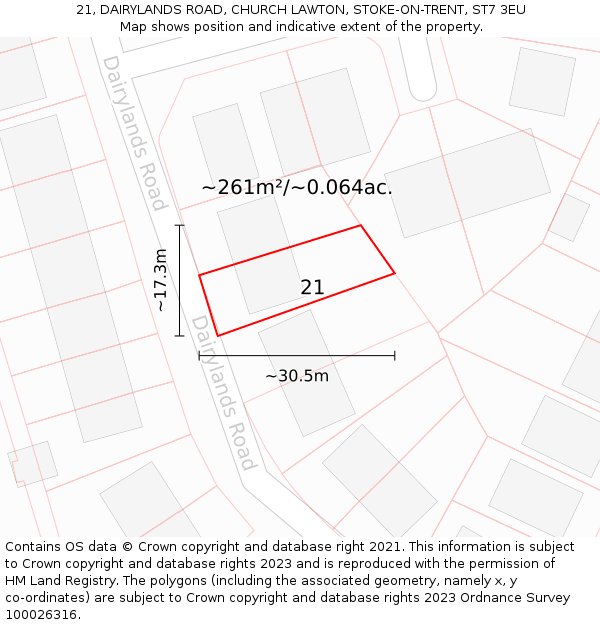 21, DAIRYLANDS ROAD, CHURCH LAWTON, STOKE-ON-TRENT, ST7 3EU: Plot and title map