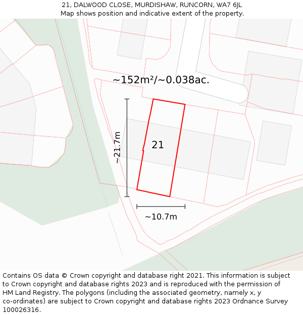 21, DALWOOD CLOSE, MURDISHAW, RUNCORN, WA7 6JL: Plot and title map