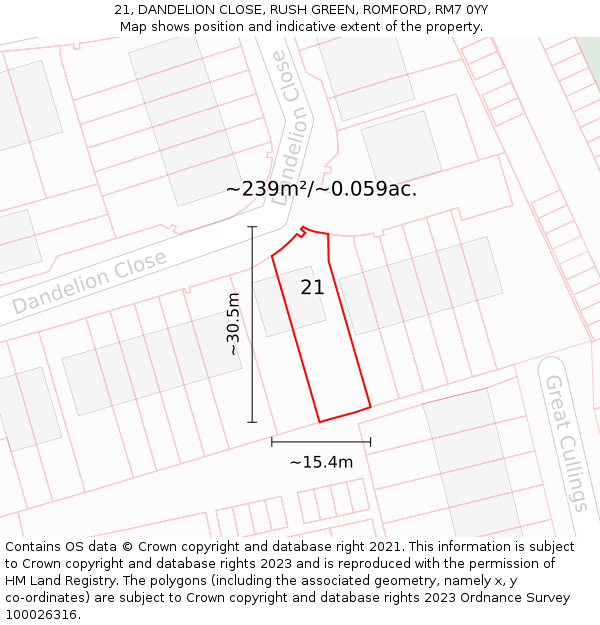 21, DANDELION CLOSE, RUSH GREEN, ROMFORD, RM7 0YY: Plot and title map