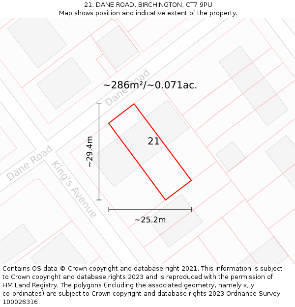 21, DANE ROAD, BIRCHINGTON, CT7 9PU: Plot and title map