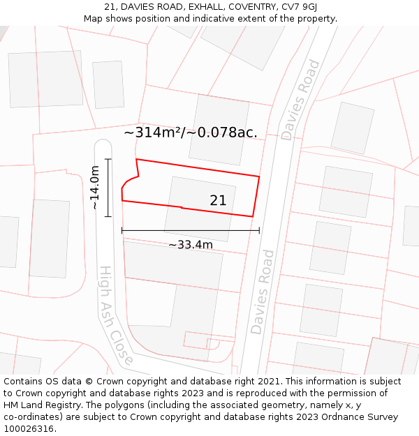 21, DAVIES ROAD, EXHALL, COVENTRY, CV7 9GJ: Plot and title map