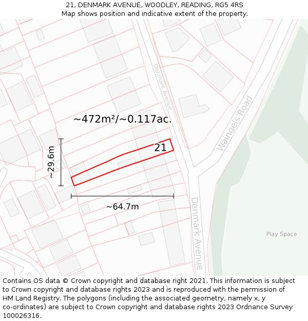 21, DENMARK AVENUE, WOODLEY, READING, RG5 4RS: Plot and title map