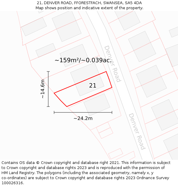 21, DENVER ROAD, FFORESTFACH, SWANSEA, SA5 4DA: Plot and title map