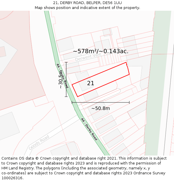 21, DERBY ROAD, BELPER, DE56 1UU: Plot and title map