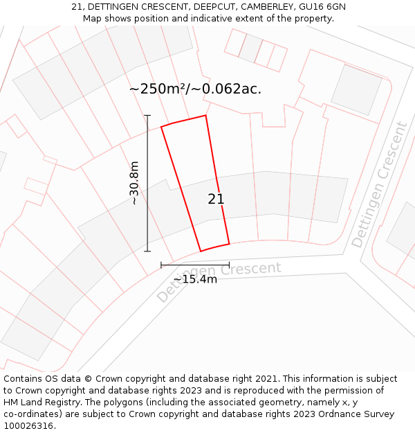 21, DETTINGEN CRESCENT, DEEPCUT, CAMBERLEY, GU16 6GN: Plot and title map