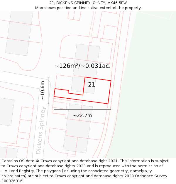 21, DICKENS SPINNEY, OLNEY, MK46 5PW: Plot and title map