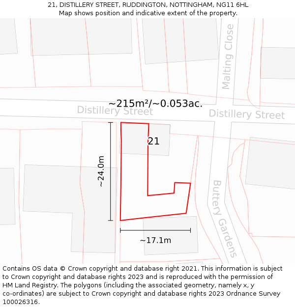 21, DISTILLERY STREET, RUDDINGTON, NOTTINGHAM, NG11 6HL: Plot and title map