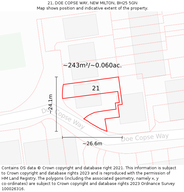 21, DOE COPSE WAY, NEW MILTON, BH25 5GN: Plot and title map