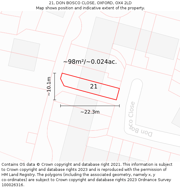 21, DON BOSCO CLOSE, OXFORD, OX4 2LD: Plot and title map