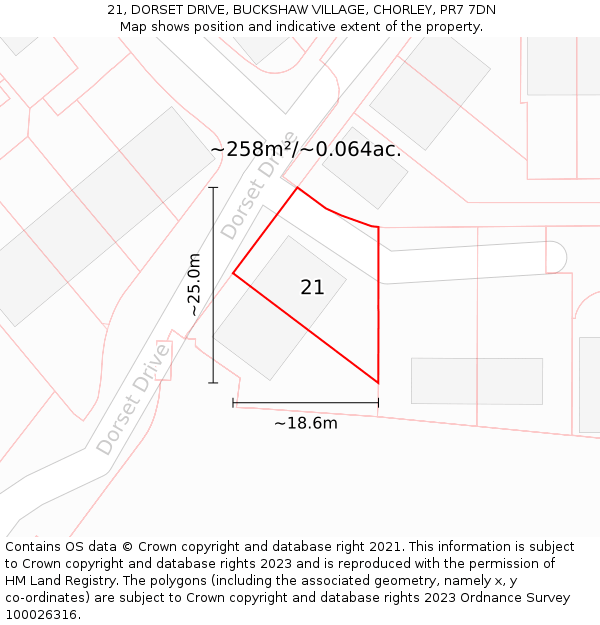 21, DORSET DRIVE, BUCKSHAW VILLAGE, CHORLEY, PR7 7DN: Plot and title map