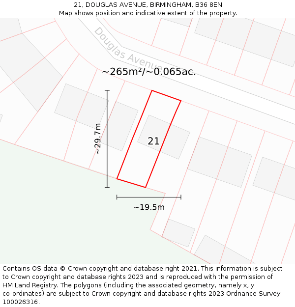 21, DOUGLAS AVENUE, BIRMINGHAM, B36 8EN: Plot and title map