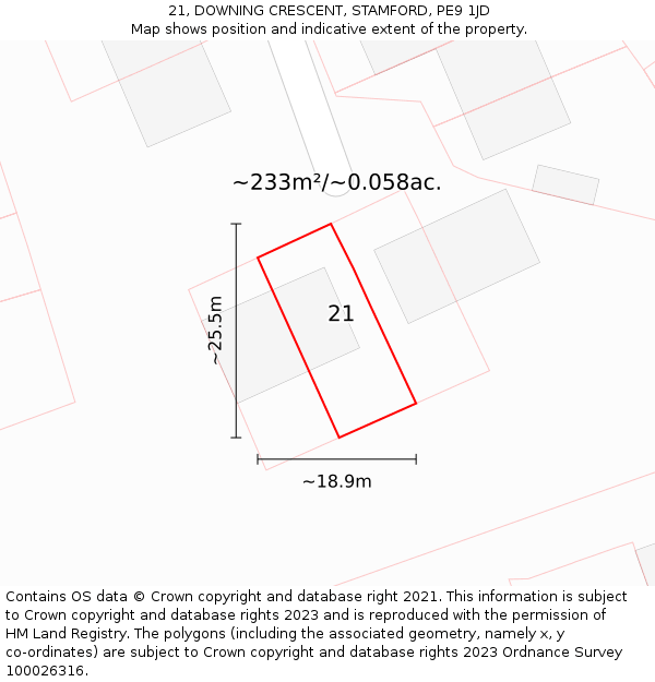 21, DOWNING CRESCENT, STAMFORD, PE9 1JD: Plot and title map