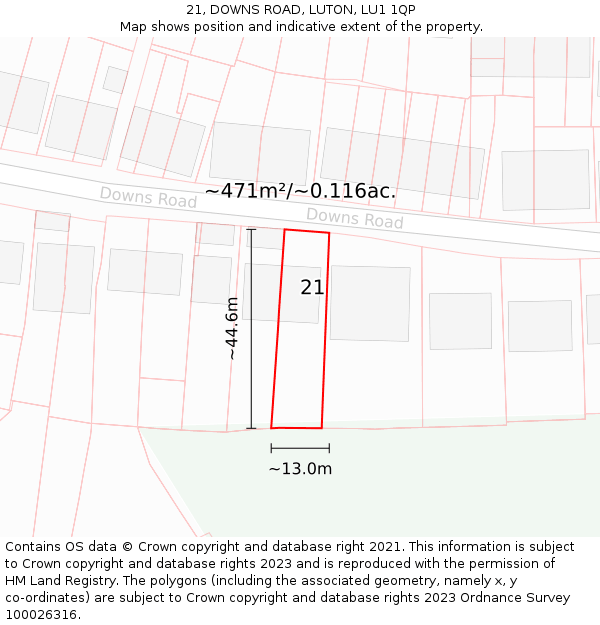 21, DOWNS ROAD, LUTON, LU1 1QP: Plot and title map