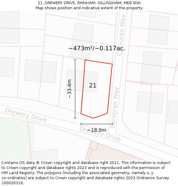 21, DREWERY DRIVE, RAINHAM, GILLINGHAM, ME8 0NX: Plot and title map