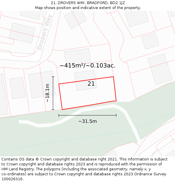 21, DROVERS WAY, BRADFORD, BD2 1JZ: Plot and title map