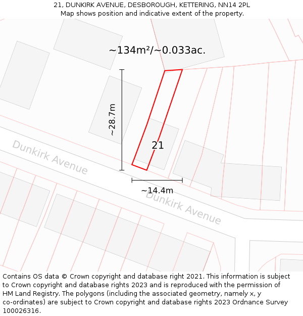 21, DUNKIRK AVENUE, DESBOROUGH, KETTERING, NN14 2PL: Plot and title map