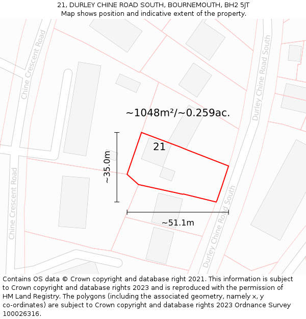 21, DURLEY CHINE ROAD SOUTH, BOURNEMOUTH, BH2 5JT: Plot and title map