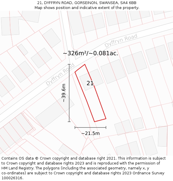 21, DYFFRYN ROAD, GORSEINON, SWANSEA, SA4 6BB: Plot and title map