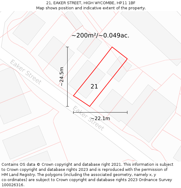 21, EAKER STREET, HIGH WYCOMBE, HP11 1BF: Plot and title map