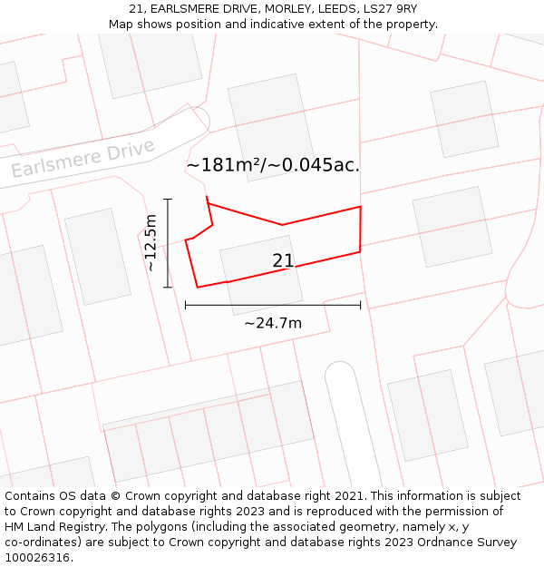 21, EARLSMERE DRIVE, MORLEY, LEEDS, LS27 9RY: Plot and title map