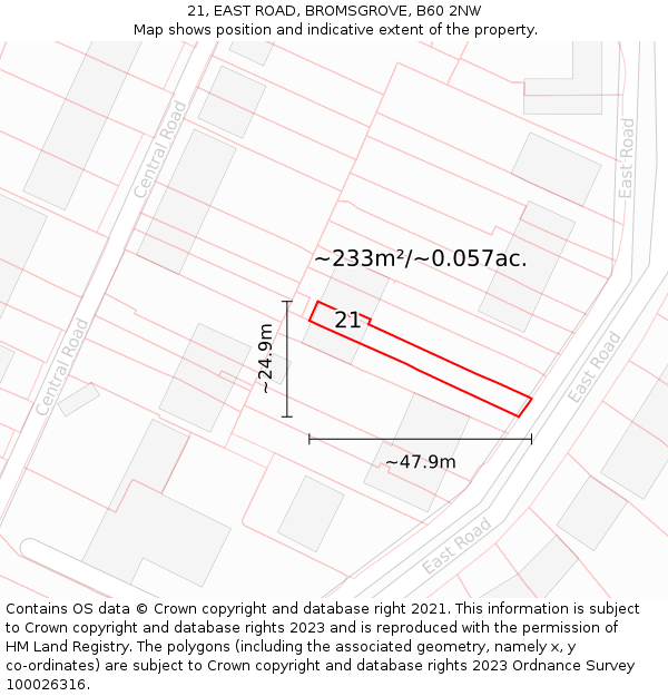 21, EAST ROAD, BROMSGROVE, B60 2NW: Plot and title map