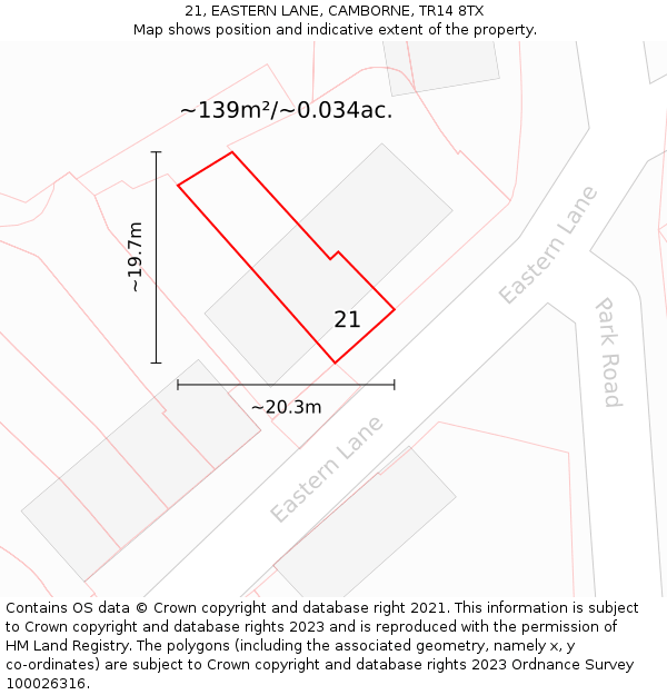 21, EASTERN LANE, CAMBORNE, TR14 8TX: Plot and title map