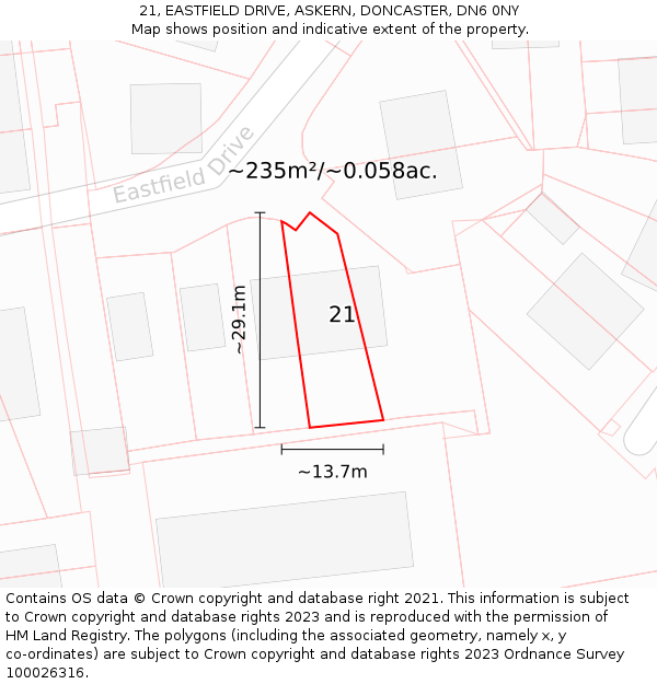 21, EASTFIELD DRIVE, ASKERN, DONCASTER, DN6 0NY: Plot and title map