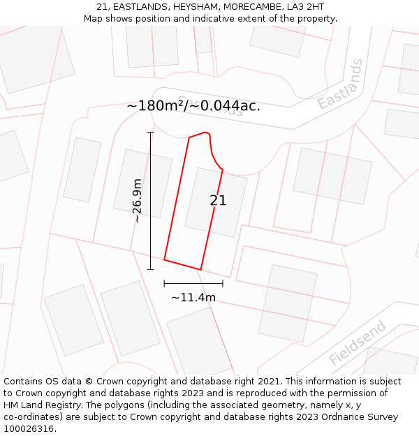 21, EASTLANDS, HEYSHAM, MORECAMBE, LA3 2HT: Plot and title map