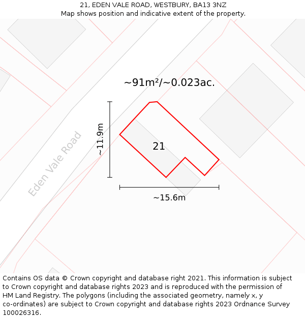 21, EDEN VALE ROAD, WESTBURY, BA13 3NZ: Plot and title map