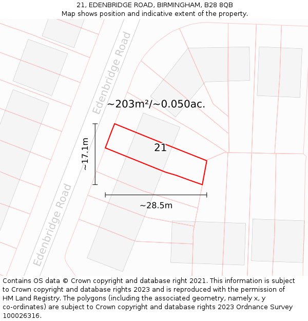 21, EDENBRIDGE ROAD, BIRMINGHAM, B28 8QB: Plot and title map