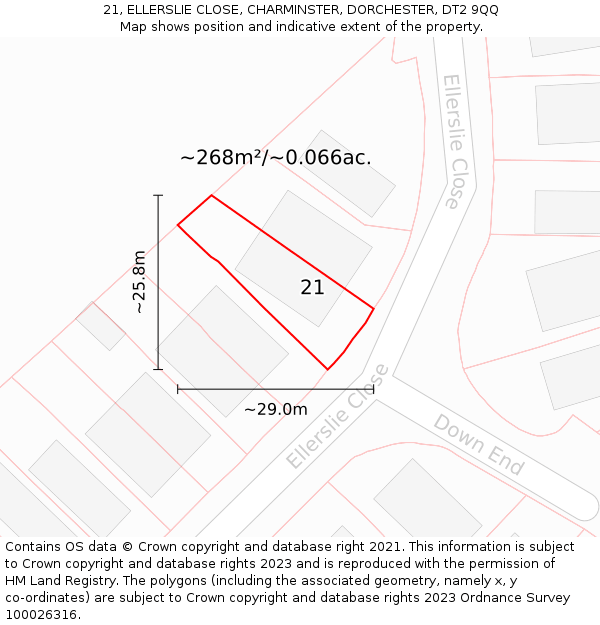 21, ELLERSLIE CLOSE, CHARMINSTER, DORCHESTER, DT2 9QQ: Plot and title map