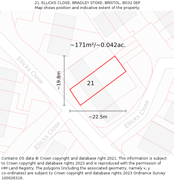 21, ELLICKS CLOSE, BRADLEY STOKE, BRISTOL, BS32 0EP: Plot and title map
