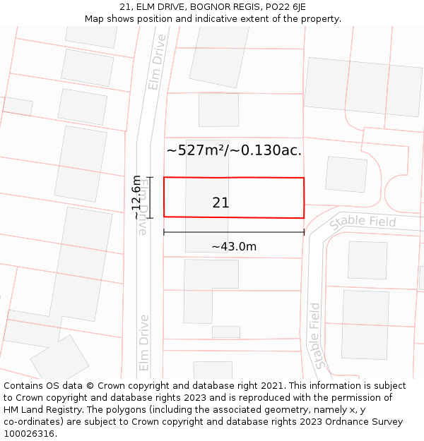 21, ELM DRIVE, BOGNOR REGIS, PO22 6JE: Plot and title map