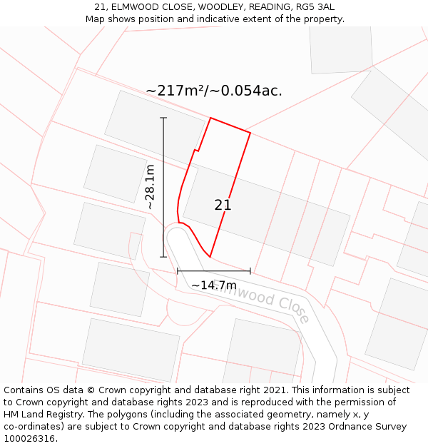 21, ELMWOOD CLOSE, WOODLEY, READING, RG5 3AL: Plot and title map