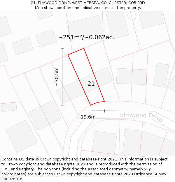 21, ELMWOOD DRIVE, WEST MERSEA, COLCHESTER, CO5 8RD: Plot and title map