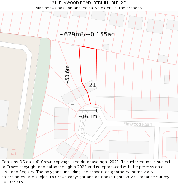 21, ELMWOOD ROAD, REDHILL, RH1 2JD: Plot and title map