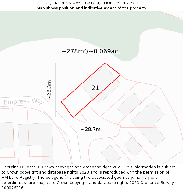 21, EMPRESS WAY, EUXTON, CHORLEY, PR7 6QB: Plot and title map