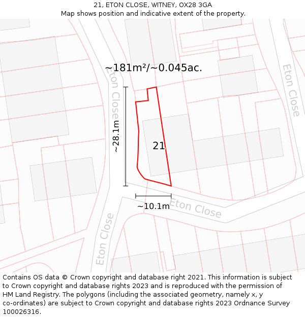 21, ETON CLOSE, WITNEY, OX28 3GA: Plot and title map