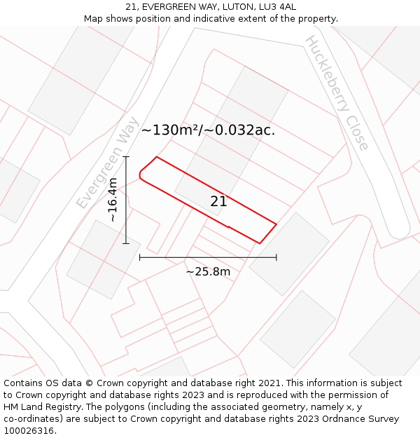 21, EVERGREEN WAY, LUTON, LU3 4AL: Plot and title map