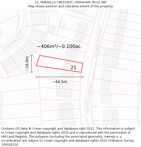 21, FARHALLS CRESCENT, HORSHAM, RH12 4BT: Plot and title map