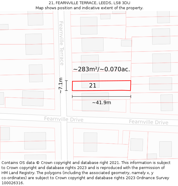 21, FEARNVILLE TERRACE, LEEDS, LS8 3DU: Plot and title map