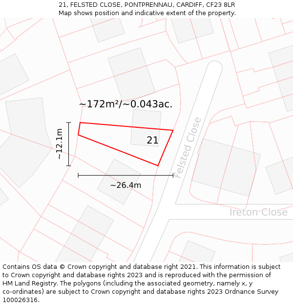 21, FELSTED CLOSE, PONTPRENNAU, CARDIFF, CF23 8LR: Plot and title map