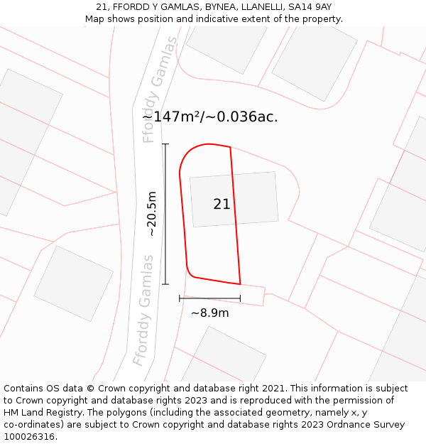 21, FFORDD Y GAMLAS, BYNEA, LLANELLI, SA14 9AY: Plot and title map