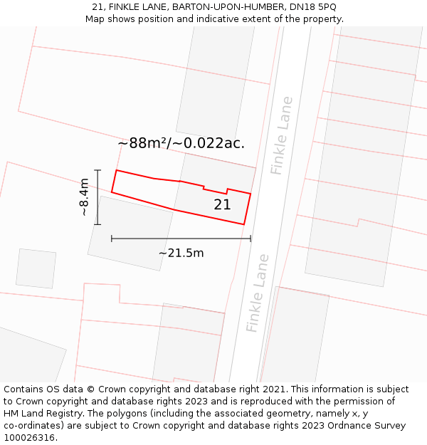 21, FINKLE LANE, BARTON-UPON-HUMBER, DN18 5PQ: Plot and title map