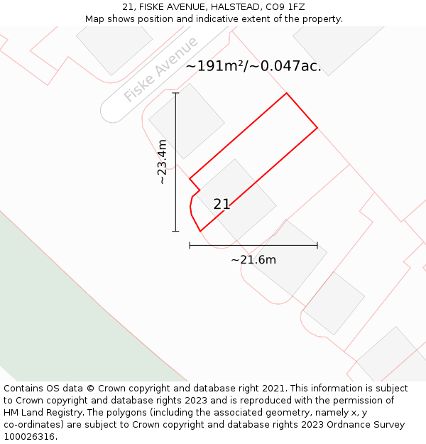 21, FISKE AVENUE, HALSTEAD, CO9 1FZ: Plot and title map